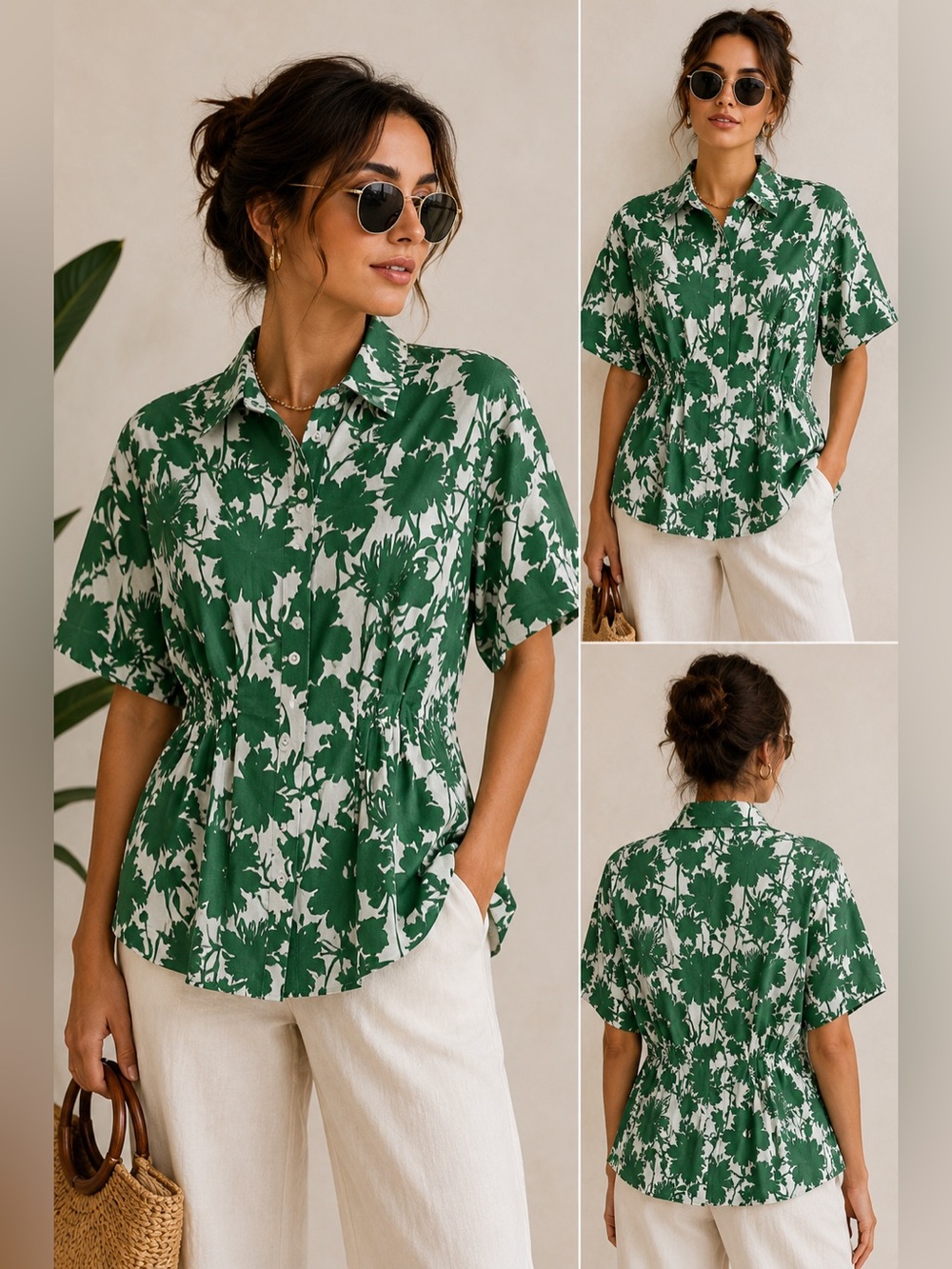 Exquise Madilynn Green White Floral Cinched Waist Button Down Shirt M